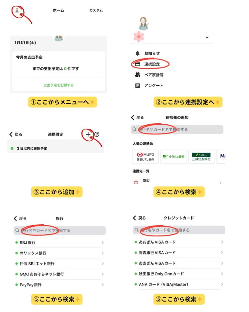 Zaimの連携設定のやり方を5ステップで説明した図解